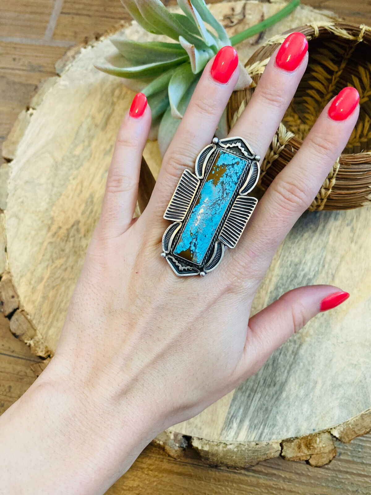 Handcrafted Royston Turquoise & Sterling Silver Ring Size 8.5