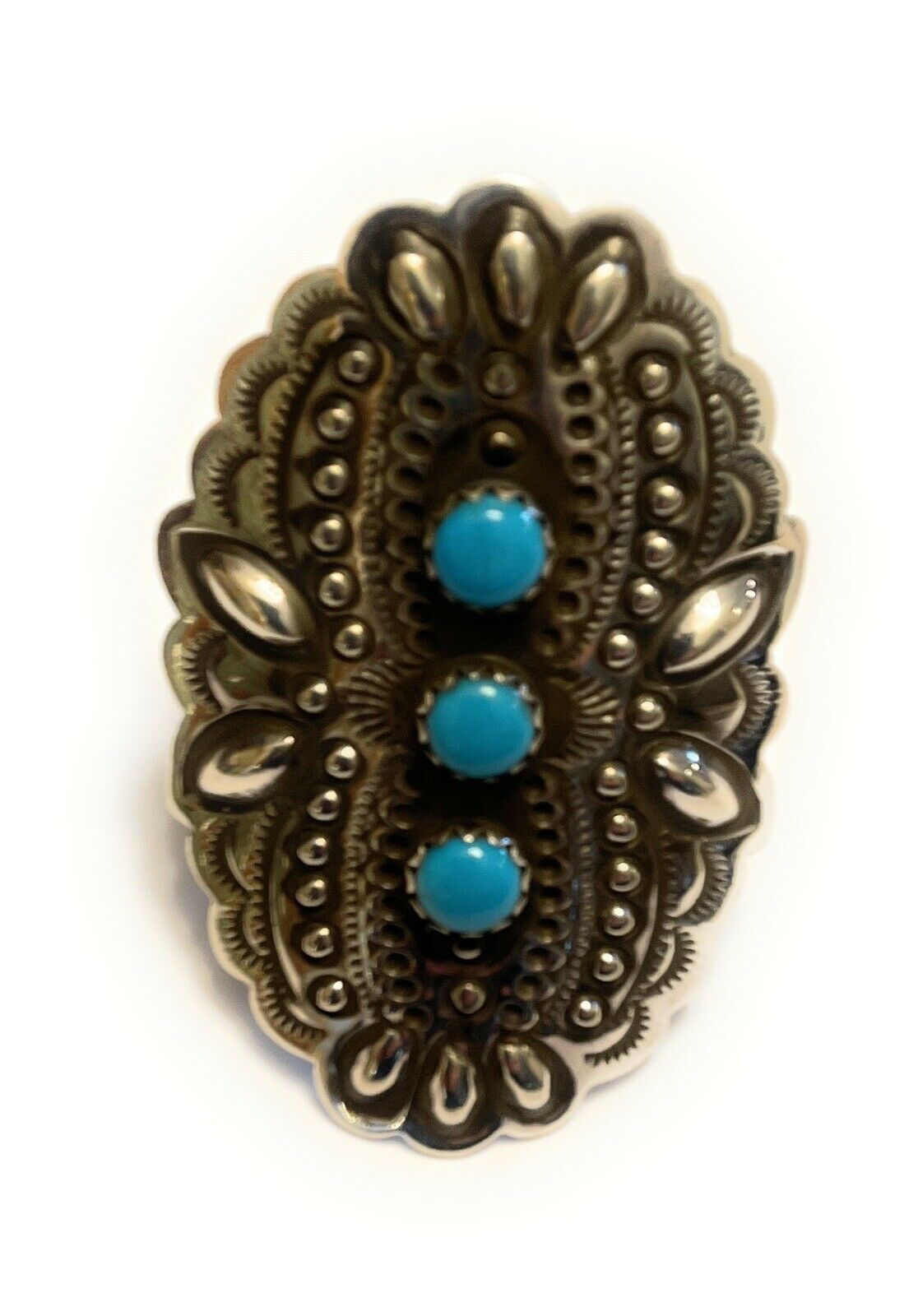 Handcrafted 3 Stone Turquoise & Sterling Silver Concho Ring Adjustable Signed L.Tahe
