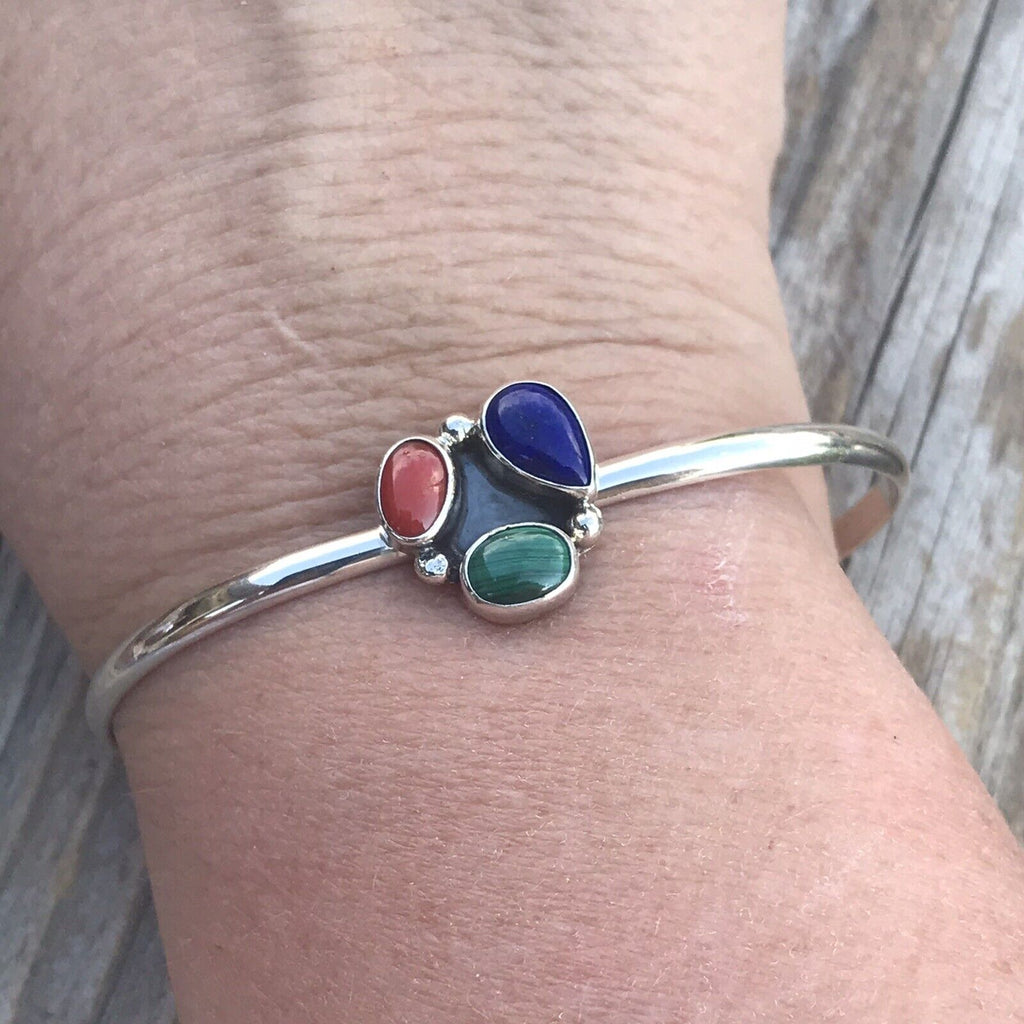 Handcrafted Multi Stone, Malachite Sterling Silver Bracelet Cuff Artist V. S
