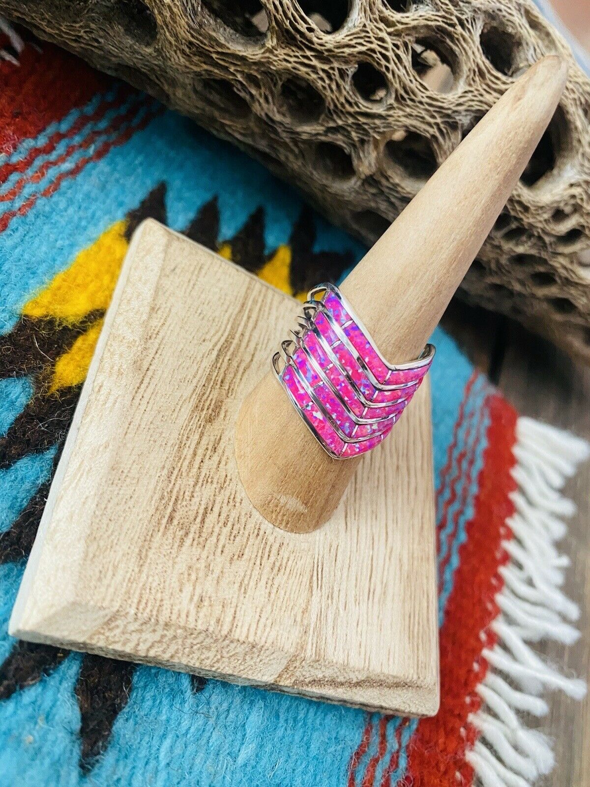 Handcrafted Sterling Silver & Pink Opal Inlay 5 Row Stacker Ring