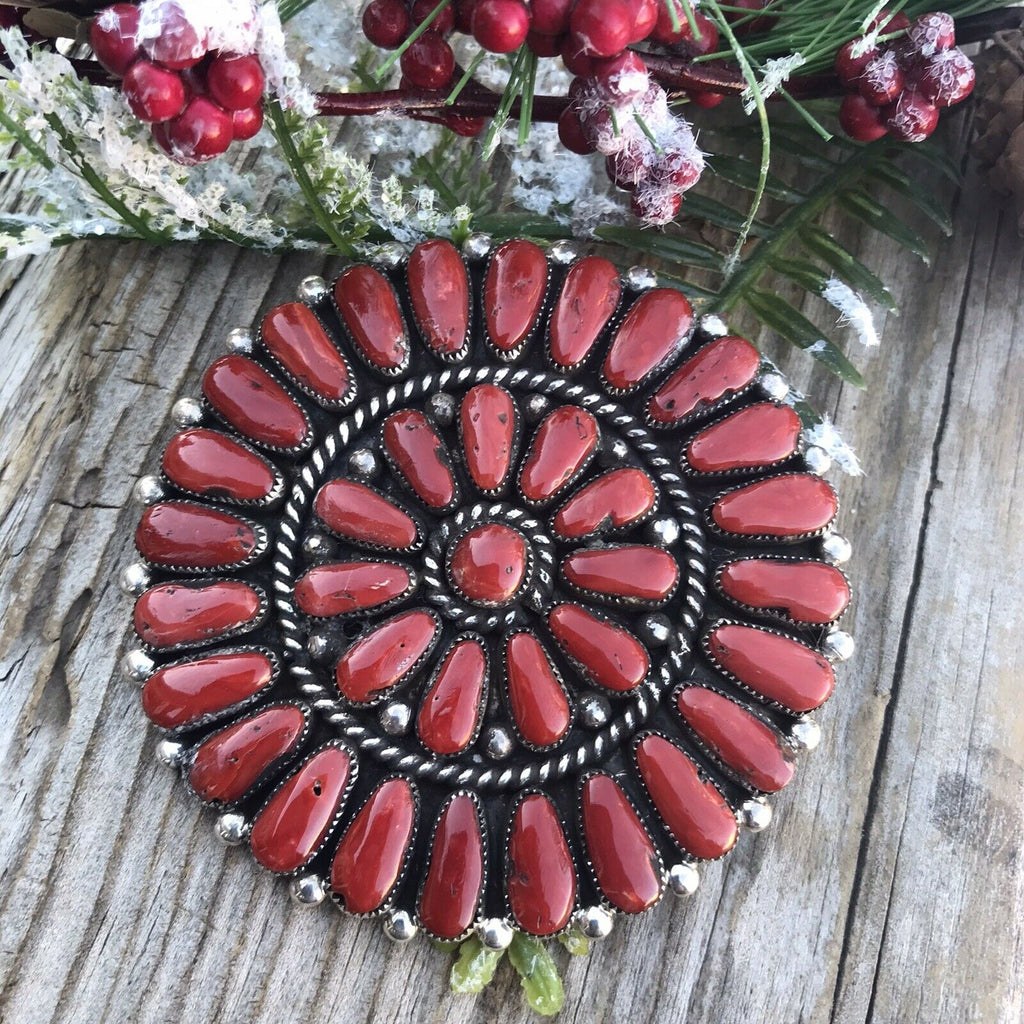 Handcrafted Jumbo Sterling Silver  Natural Red Coral Cluster Pendant/pin Signed
