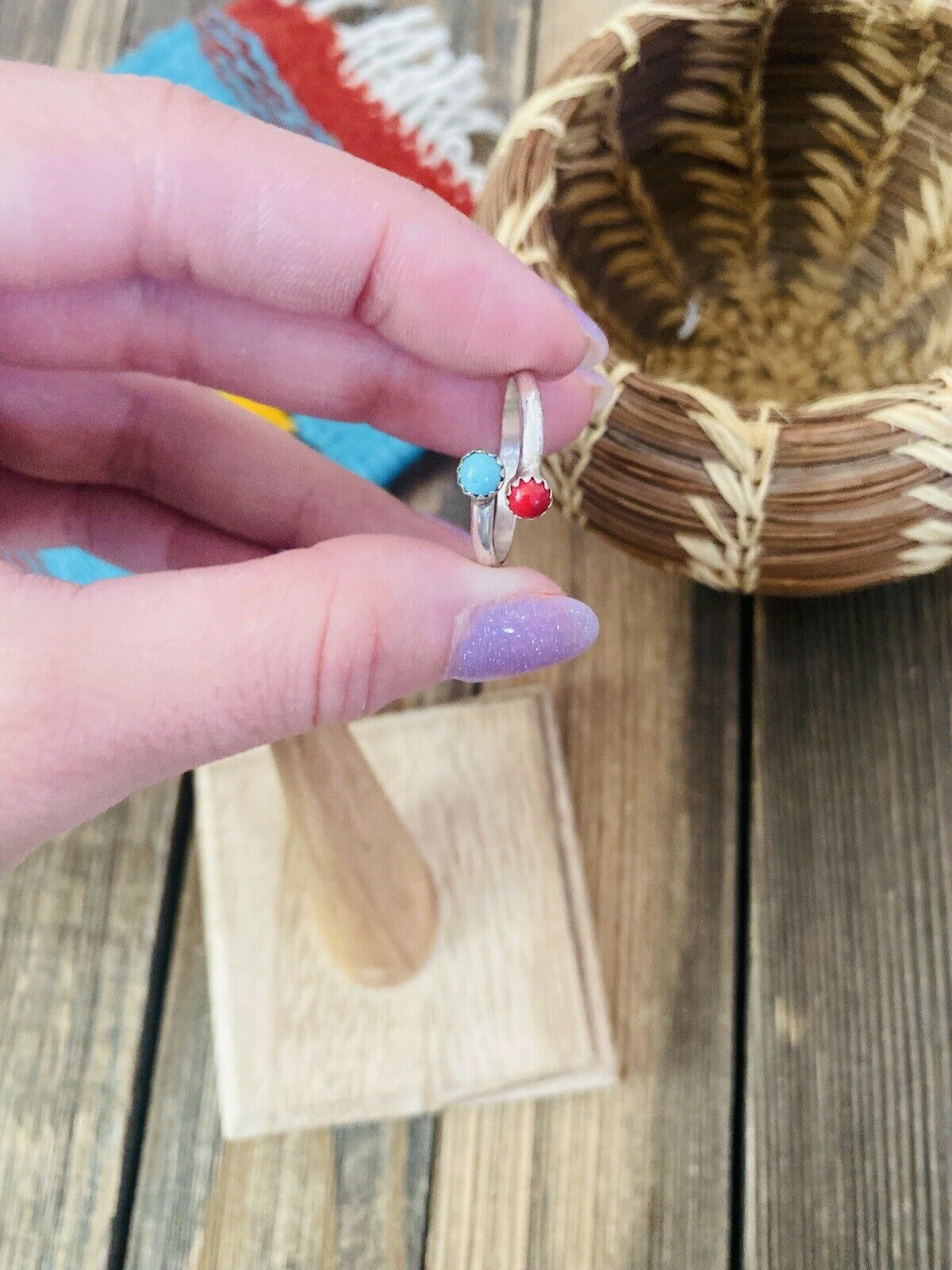 Handcrafted Sterling Silver, Coral & Turquoise Adjustable Ring