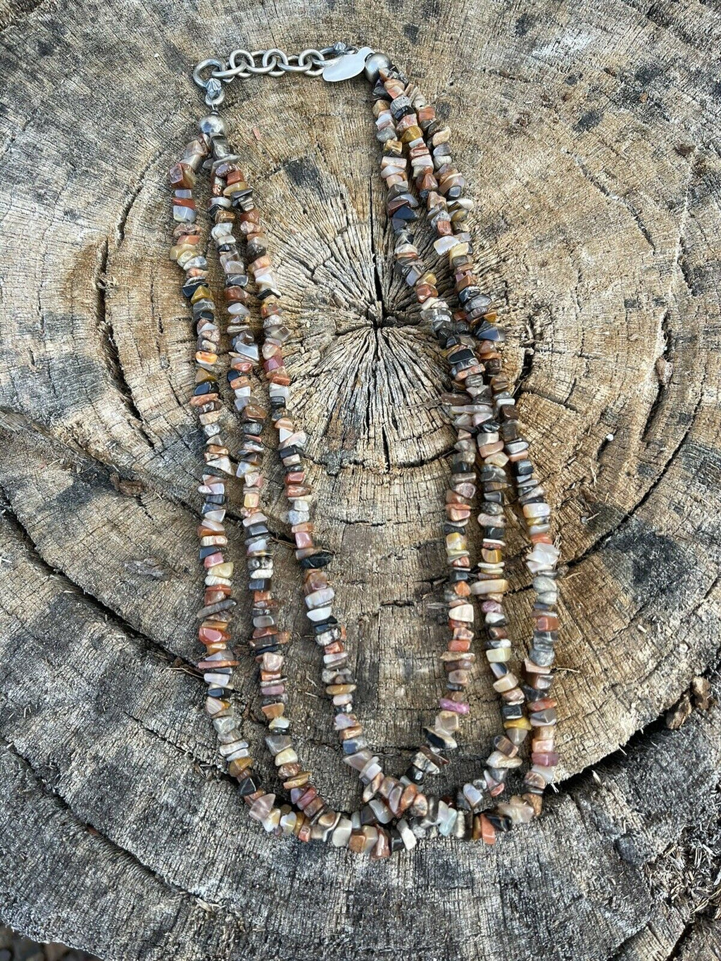 Handcrafted Sterling Silver Multi Jasper Chip Triple Strand Necklace 18”