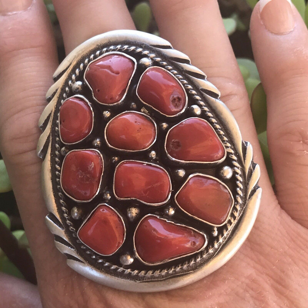 Handcrafted Sterling Silver Natural Red Coral Ring Sz 7