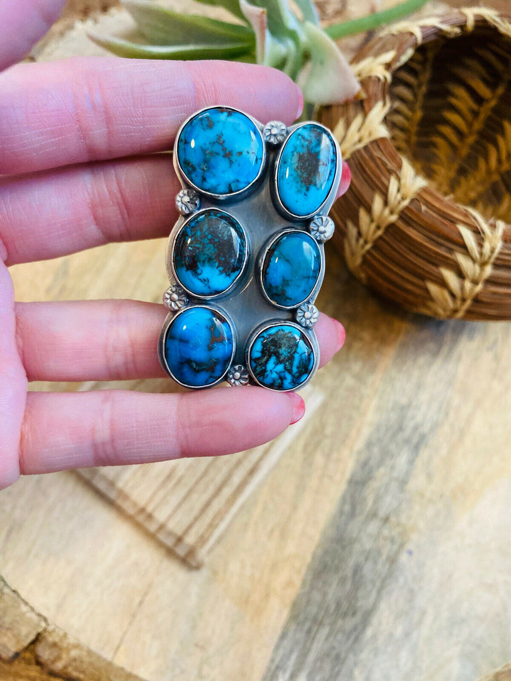 Handcrafted Kingman Turquoise & Sterling Silver Adjustable Ring Signed