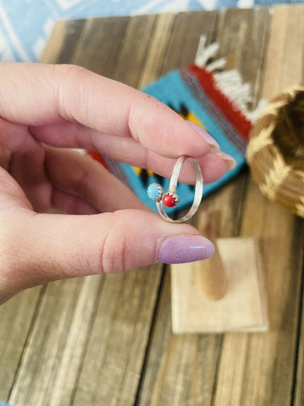 Handcrafted Sterling Silver, Coral & Turquoise Adjustable Ring