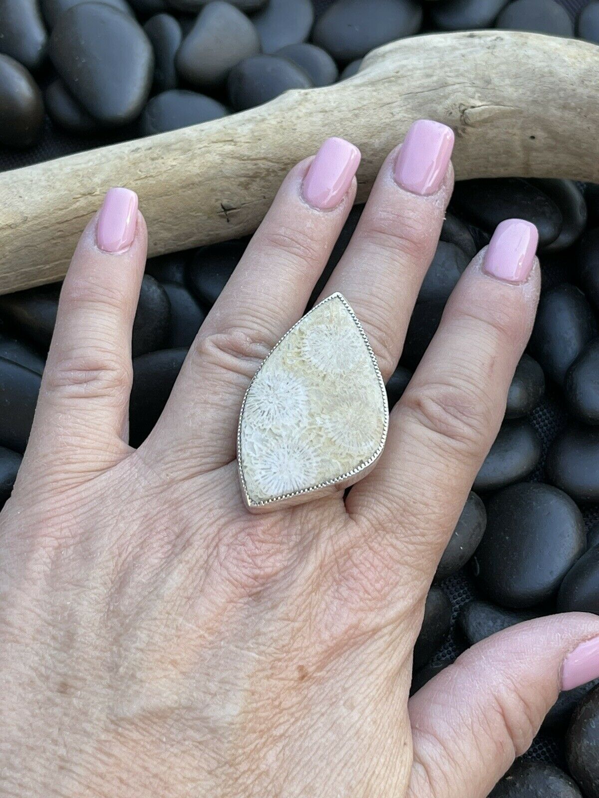 Handcrafted Fossilized Coral & Sterling Silver Adjustable Ring Signed
