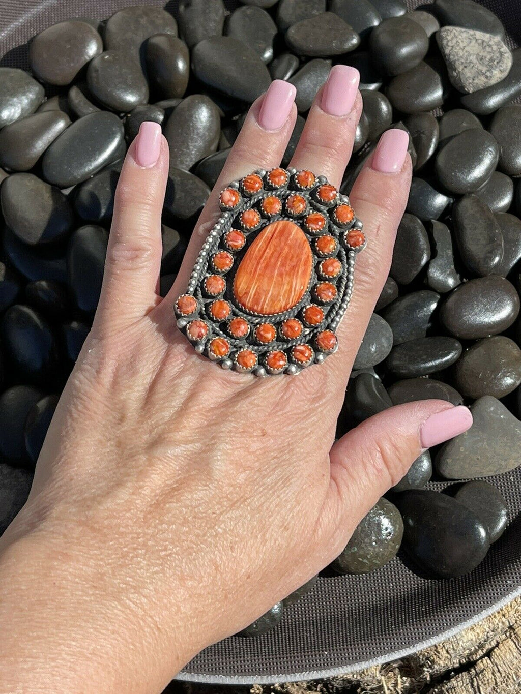 Handcrafted Sterling Silver Orange Spiny Cluster Jumbo Ring Sz 7.5