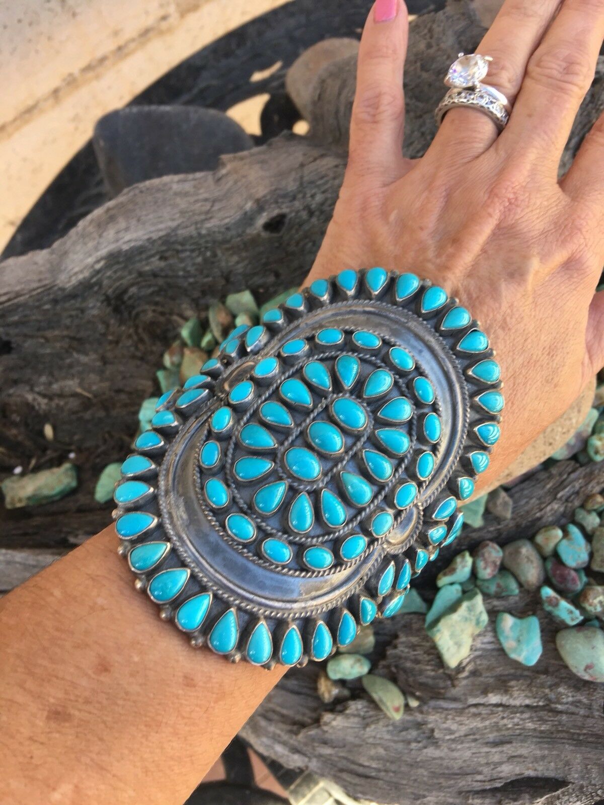 Anthony Skeets Handcrafted Cluster Turquoise & Sterling Silver Cuff Bracelet Signed