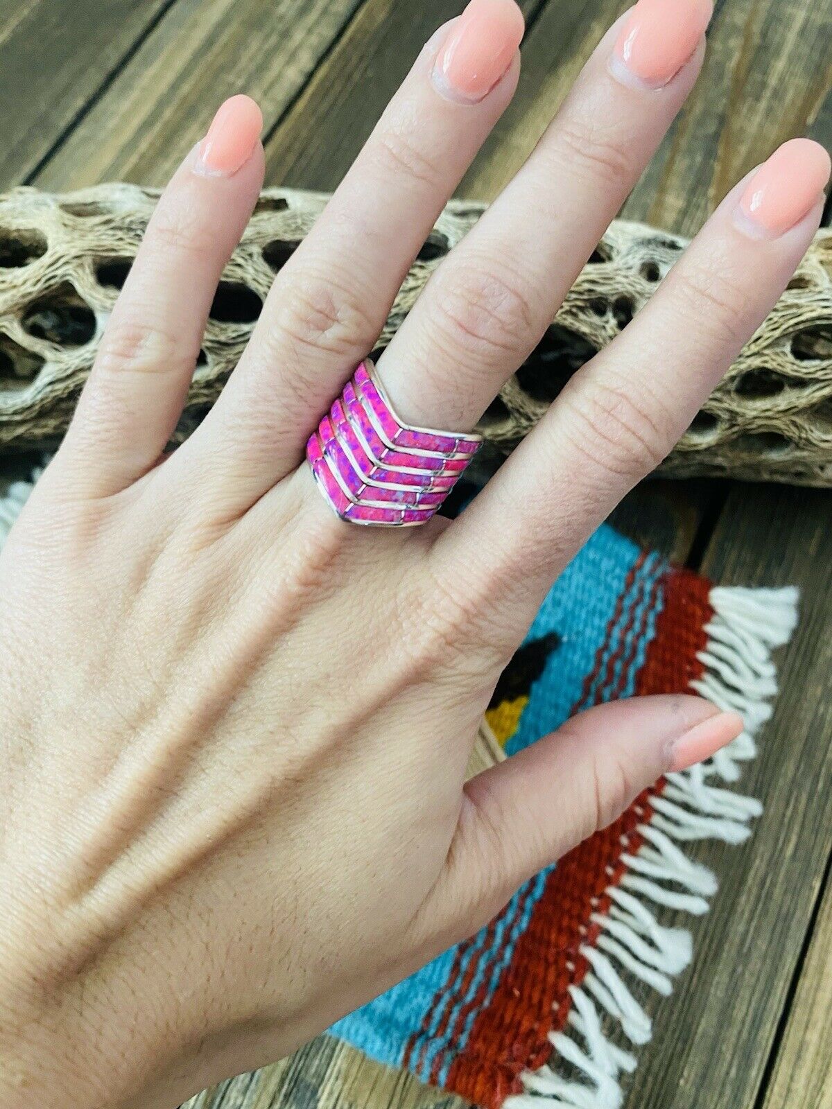 Handcrafted Sterling Silver & Pink Opal Inlay 5 Row Stacker Ring