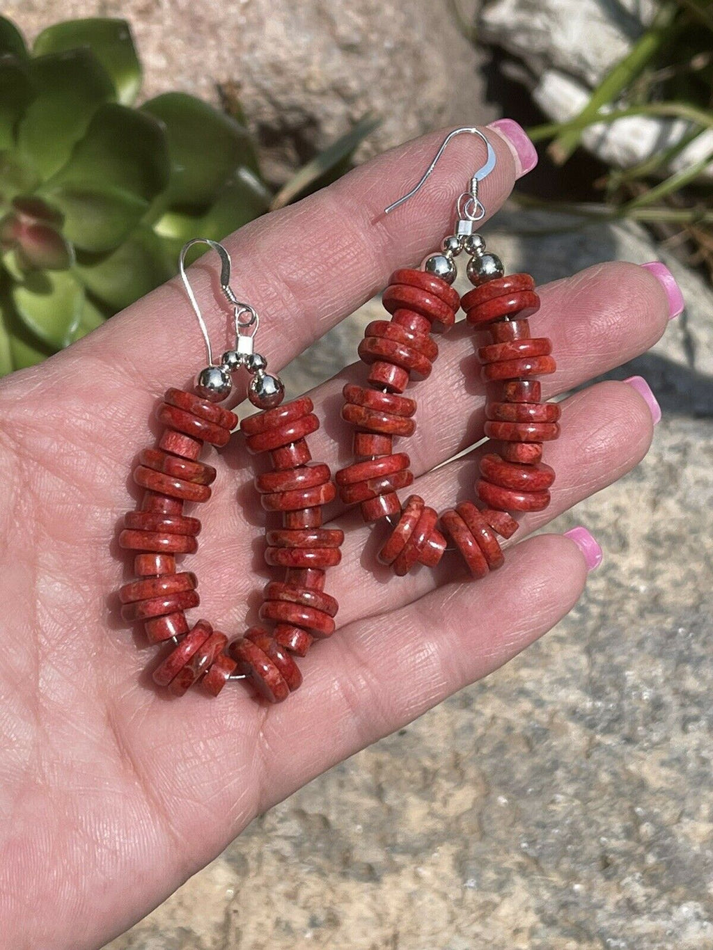 Handcrafted Sterling Silver Double Bead Apple Coral Dangle Hoop Earrings
