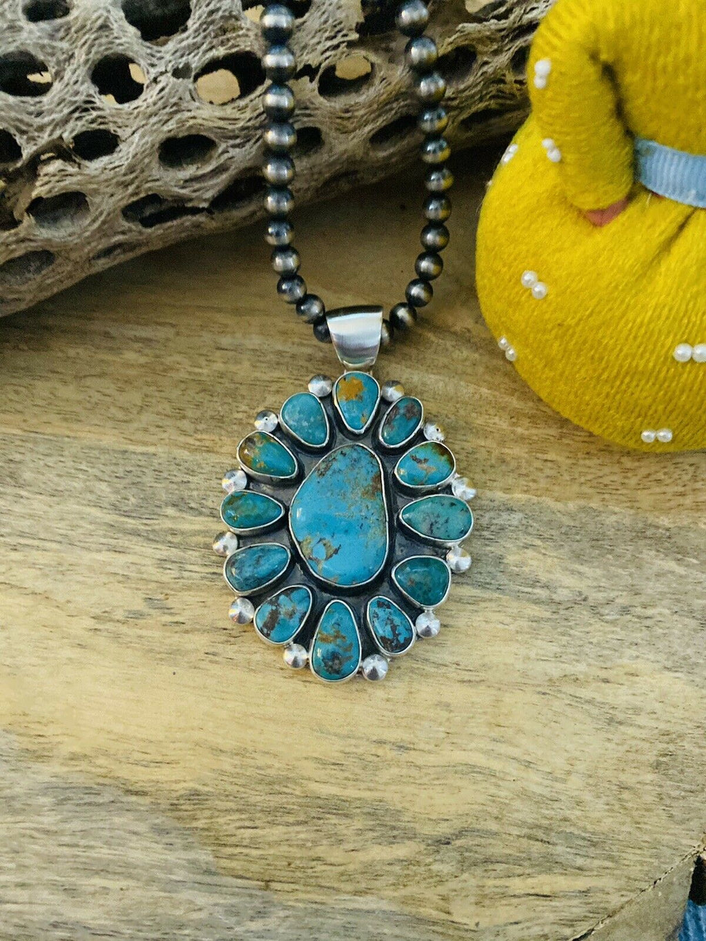 Handcrafted Sterling Silver & Multi Turquoise Cluster Pendant Signed