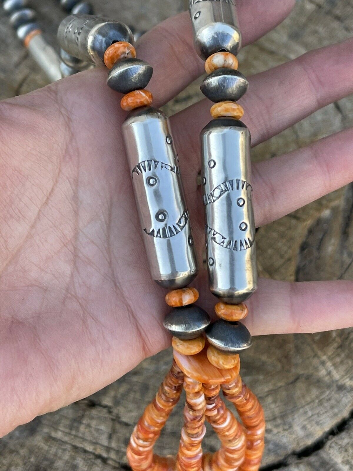 Handcrafted Sterling Silver Handmade Orange Spiny Jacla Necklace & Earring Set