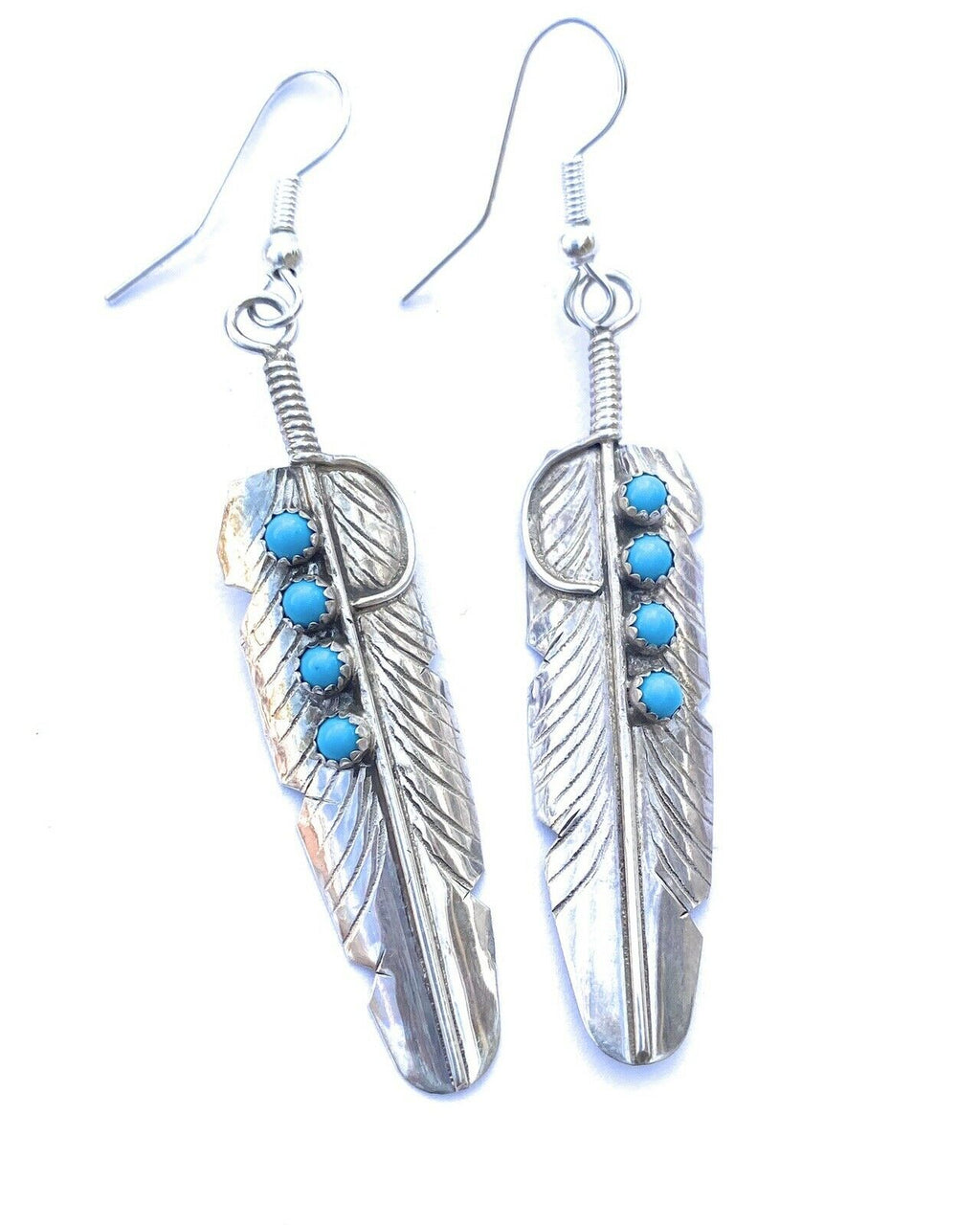 Handcrafted Turquoise & Sterling Silver Feather Dangle Earrings