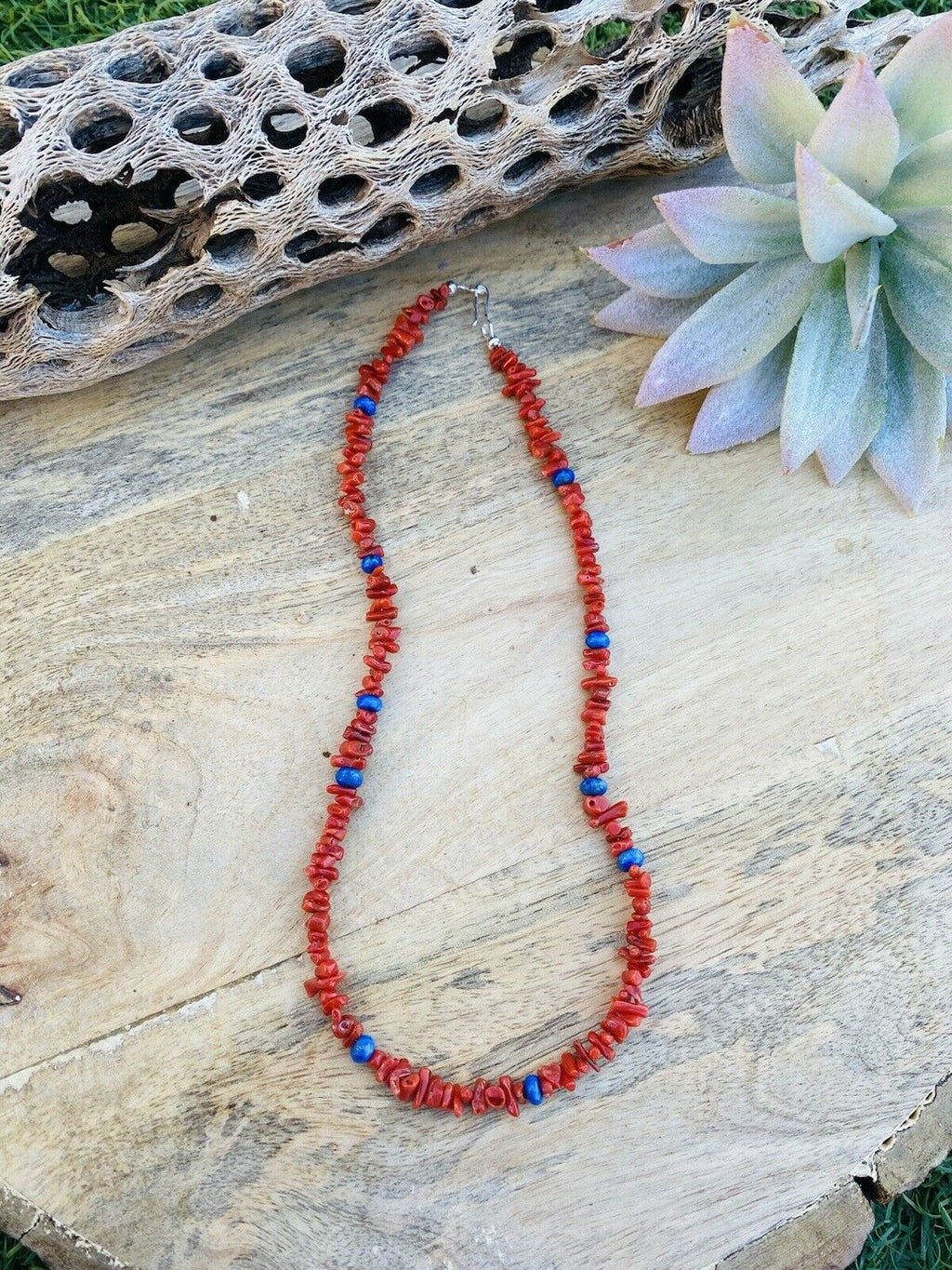 Handcrafted Apple Coral & Lapis Beaded Necklace 16"