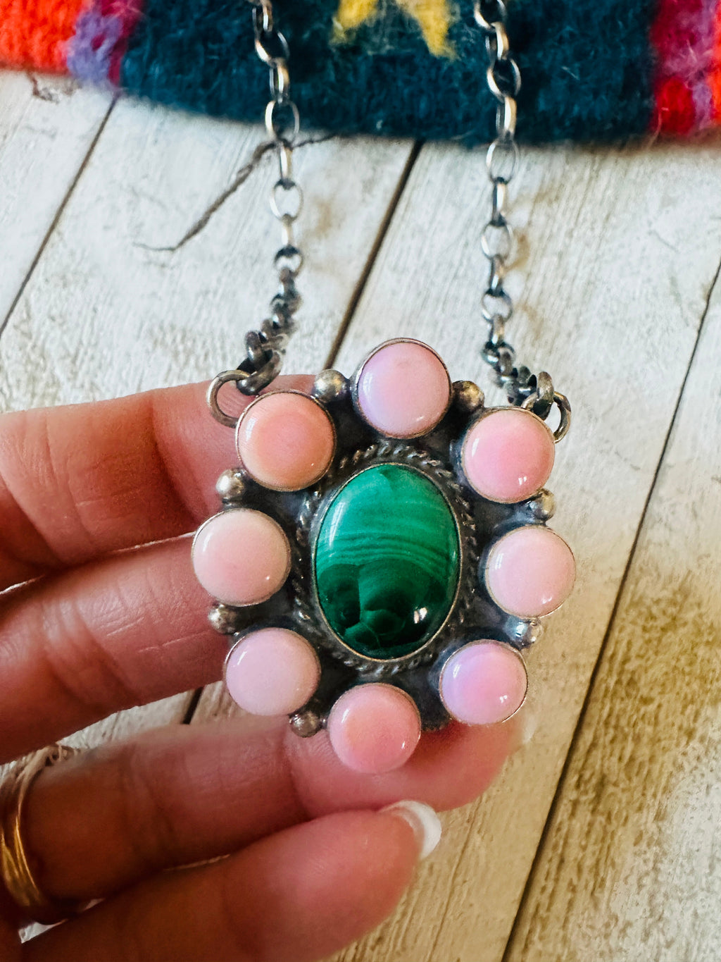 Handcrafted Sterling Silver, Queen Pink Conch Shell & Malachite Necklace