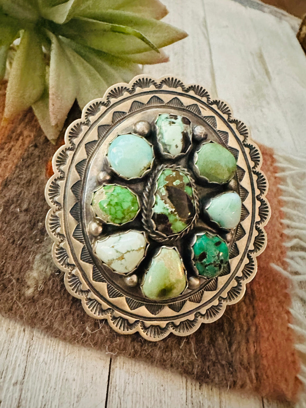 Handcrafted Multi Turquoise and Sterling Silver Concho Ring by Charles Johnson, Size 11