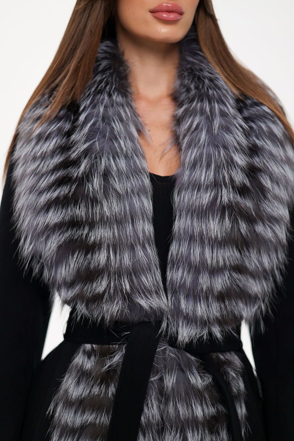 Miranda Coat - Genuine Silver Fox Virgin Wool Wrap Coat in Black