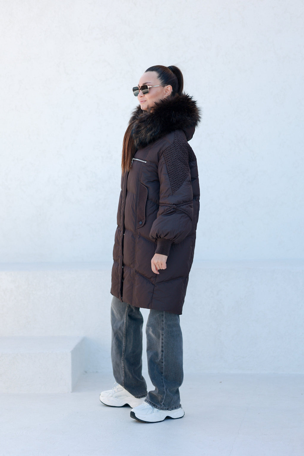 Dakota Genuine Fur Trim Down Fill Coat in Chocolate
