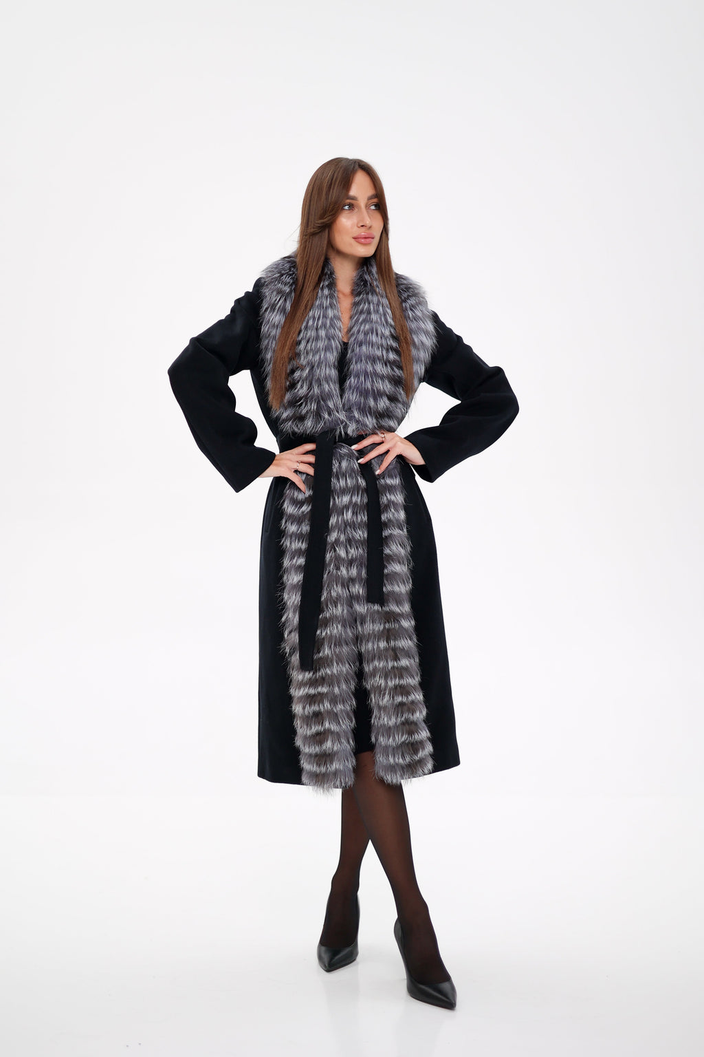Miranda Coat - Genuine Silver Fox Virgin Wool Wrap Coat in Black