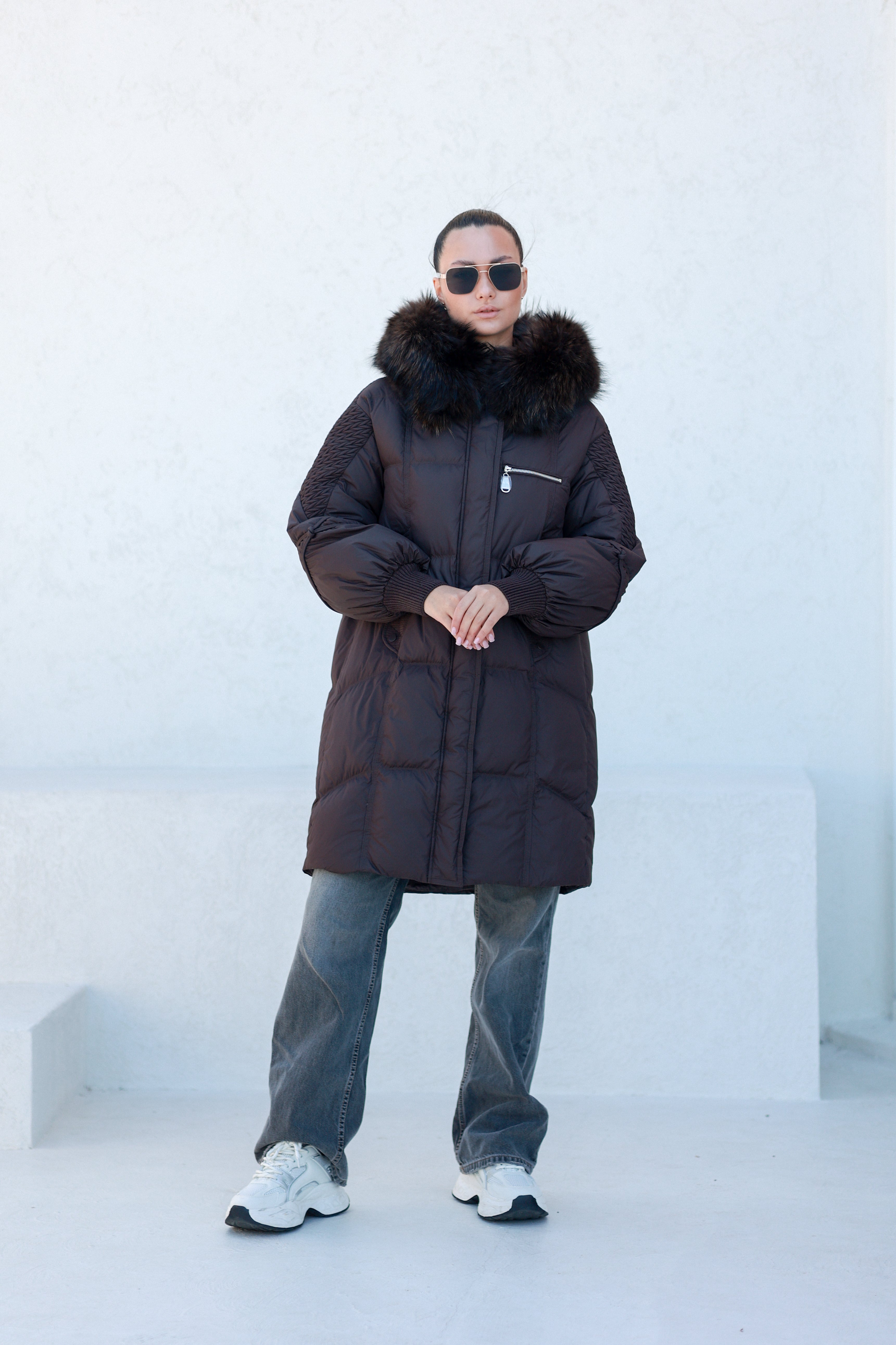 Dakota Genuine Fur Trim Down Fill Coat in Chocolate