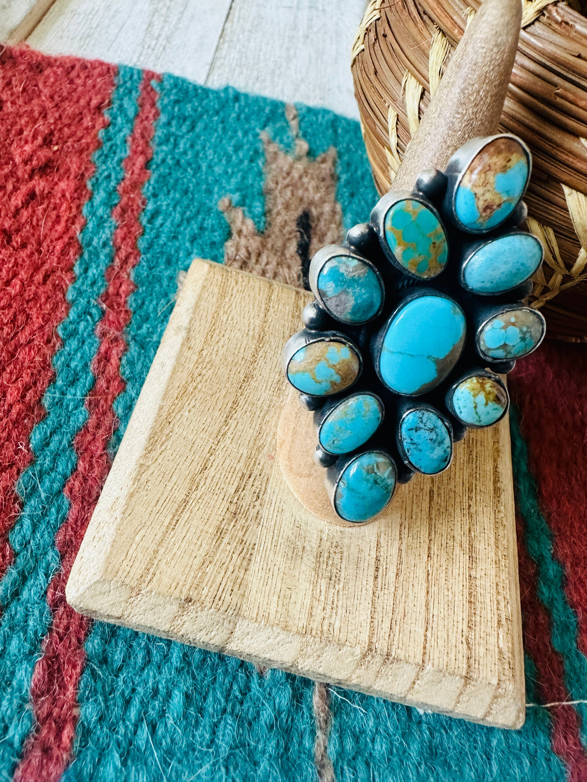 Handcrafted Turquoise & Sterling Silver Cluster Ring Size 6.5