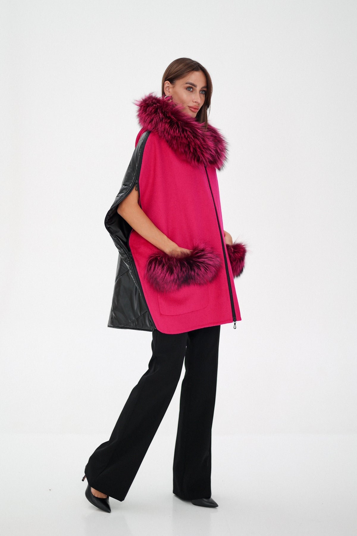 Saga®Furs Silver Fox Wool Cashmere Poncho Vest in Fuchsia