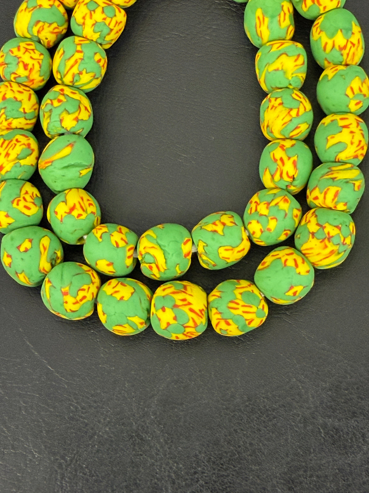 Fused Krobo Recycled Glass Beads 12–14mm | Green Yellow Handmade African Glass Beads from Ghana