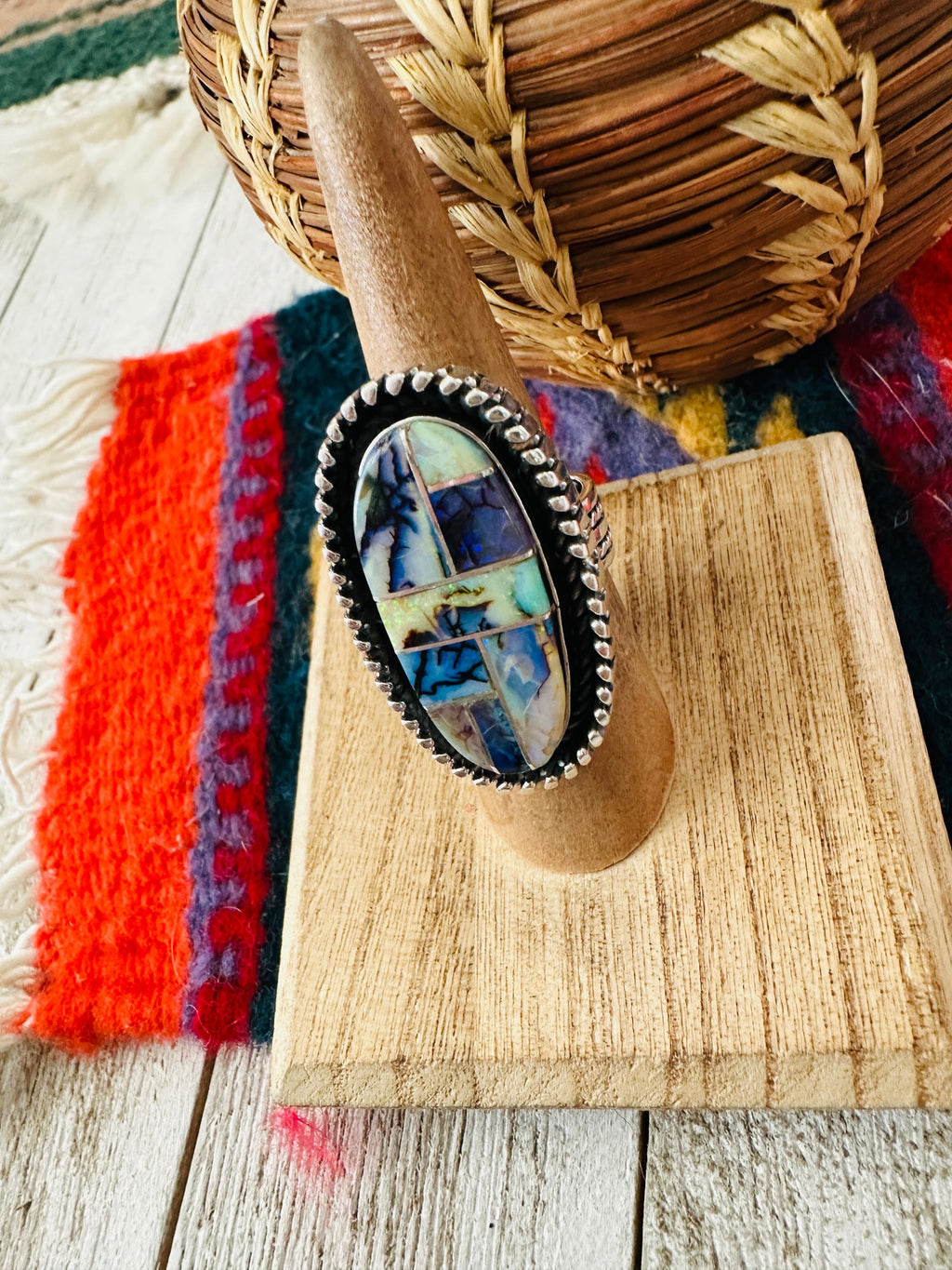 Handcrafted Opal & Sterling Silver Inlay Ring Size 6