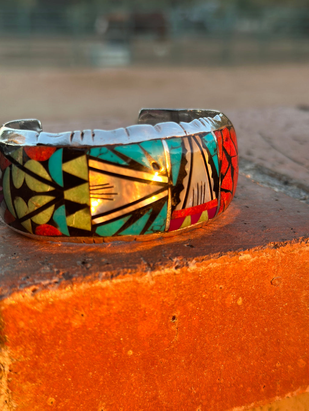 Handmade Sterling Silver Multi Stone Mosaic Inlay Cuff