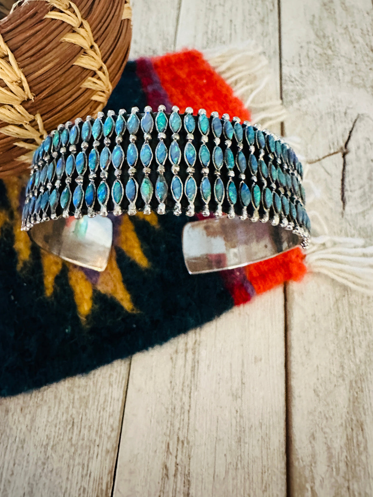 Nizhoni Handmade Sterling Silver & Blue Opal Cuff Bracelet /