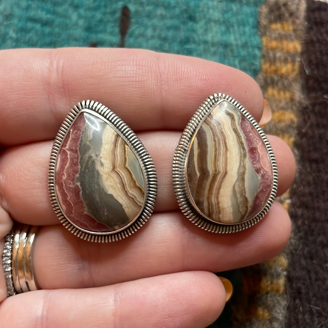 Handcrafted Sterling Silver & Rhodochrosite Stone Post Earrings