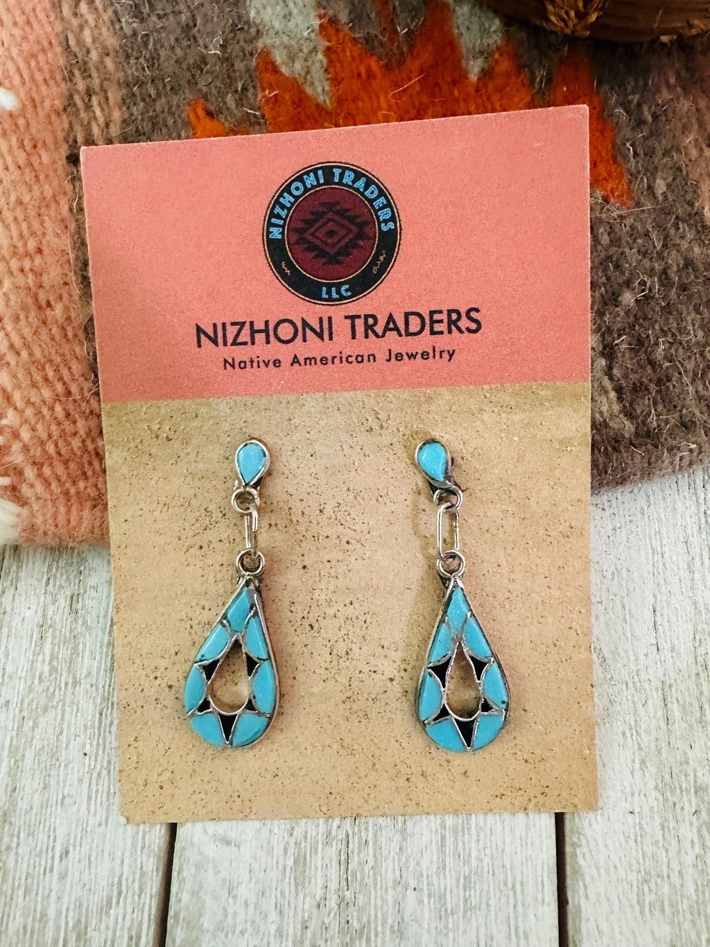 Handcrafted Sterling Silver,  Turquoise & Onyx Inlay Dangle Earrings