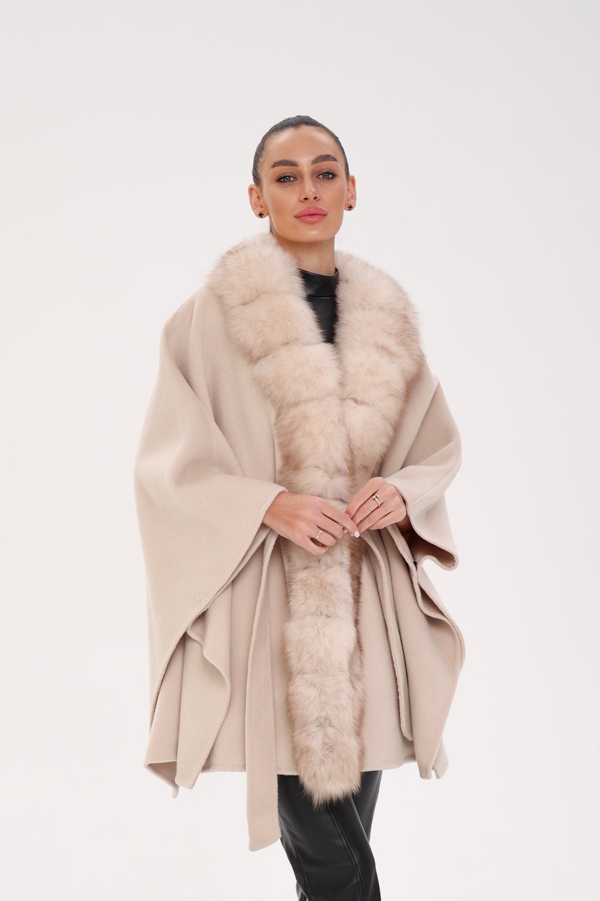 Genuine Polar Fox Double Face Wool Poncho Coat