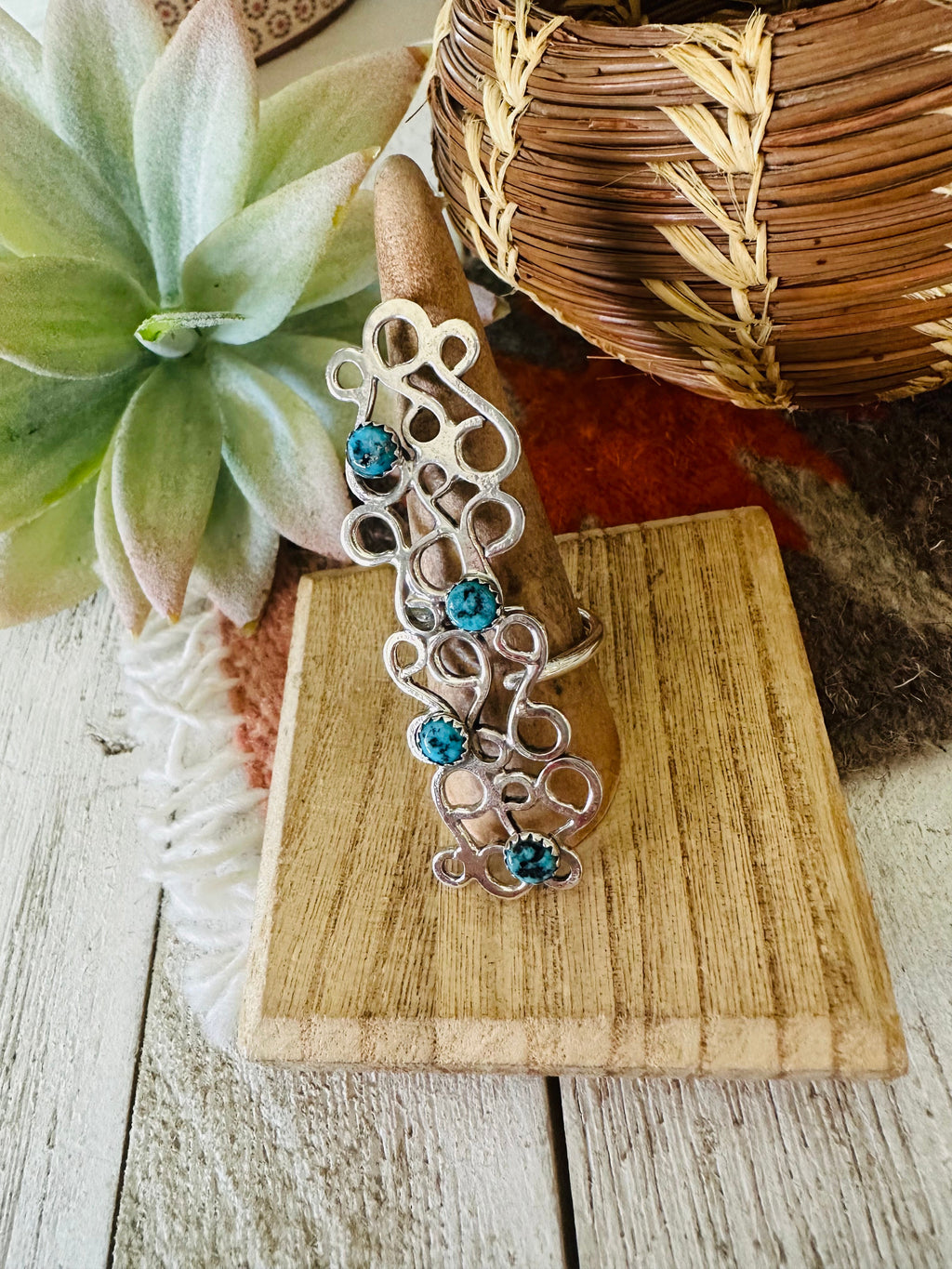 Handcrafted Sterling Silver & Turquoise Adjustable Abstract Ring
