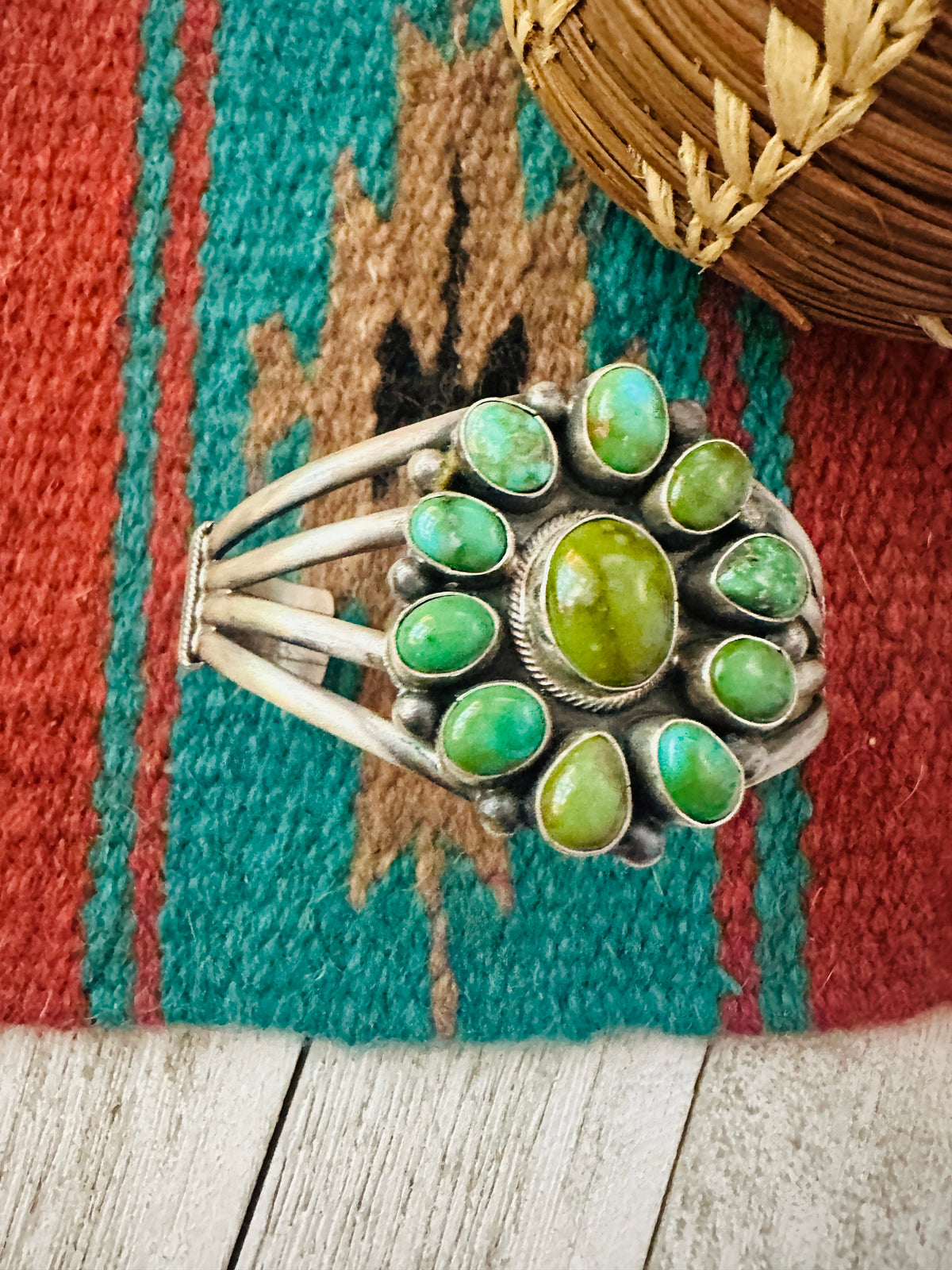 Handcrafted Sonoran Gold Turquoise & Sterling Silver Cluster Cuff Bracelet /