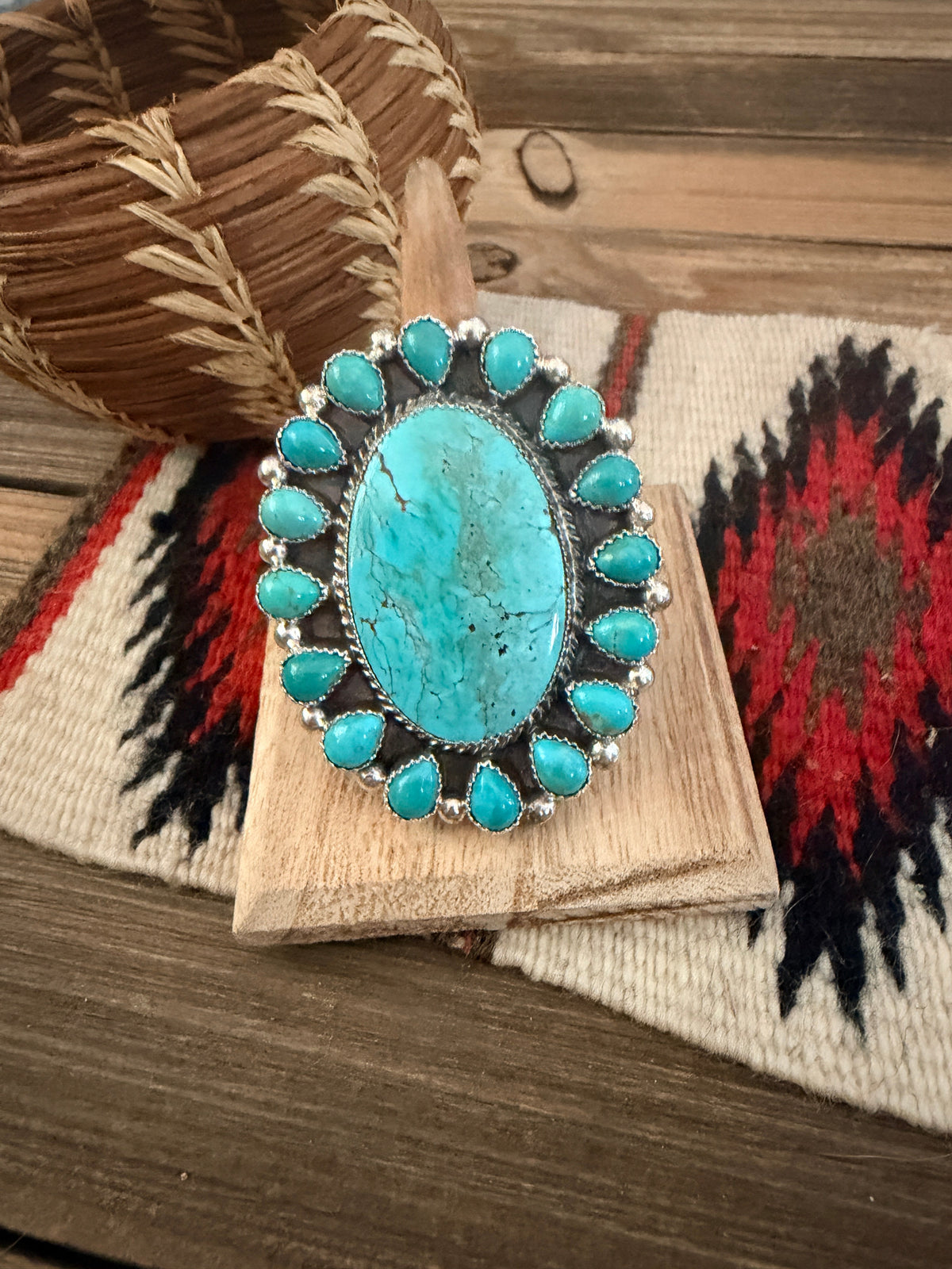 Handcrafted Kingman Turquoise & Sterling Silver Cluster Adjustable Ring