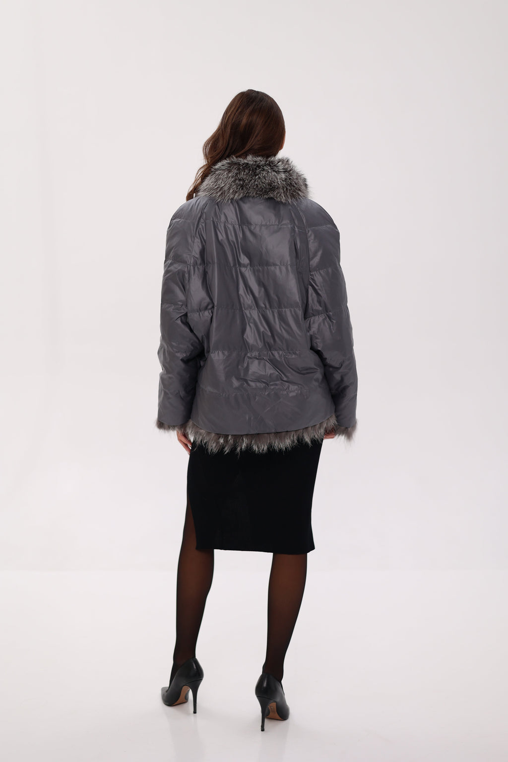 Reversible Genuine Silver Fox  Down Fill Coat in Grey