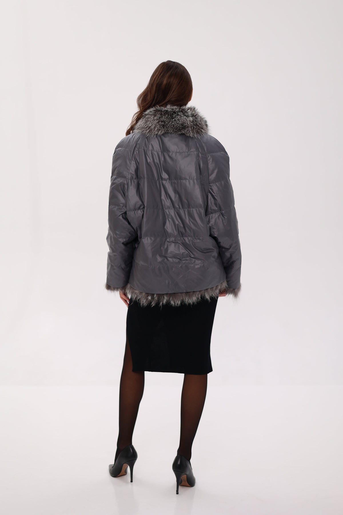 Reversible Genuine Silver Fox  Down Fill Coat in Grey