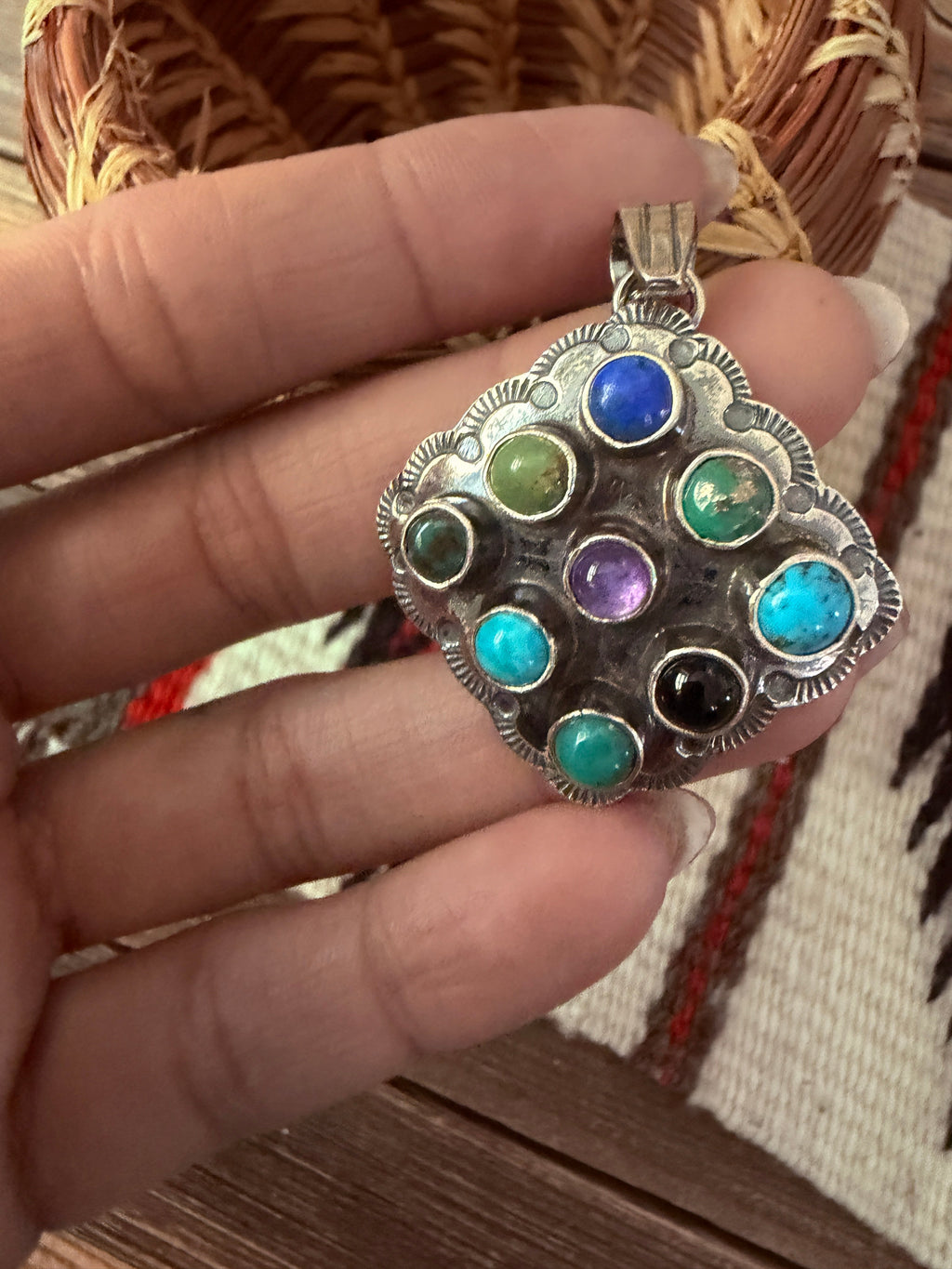 Handcrafted Sterling Silver and Multi Stone Cluster Pendant by Tina Benally