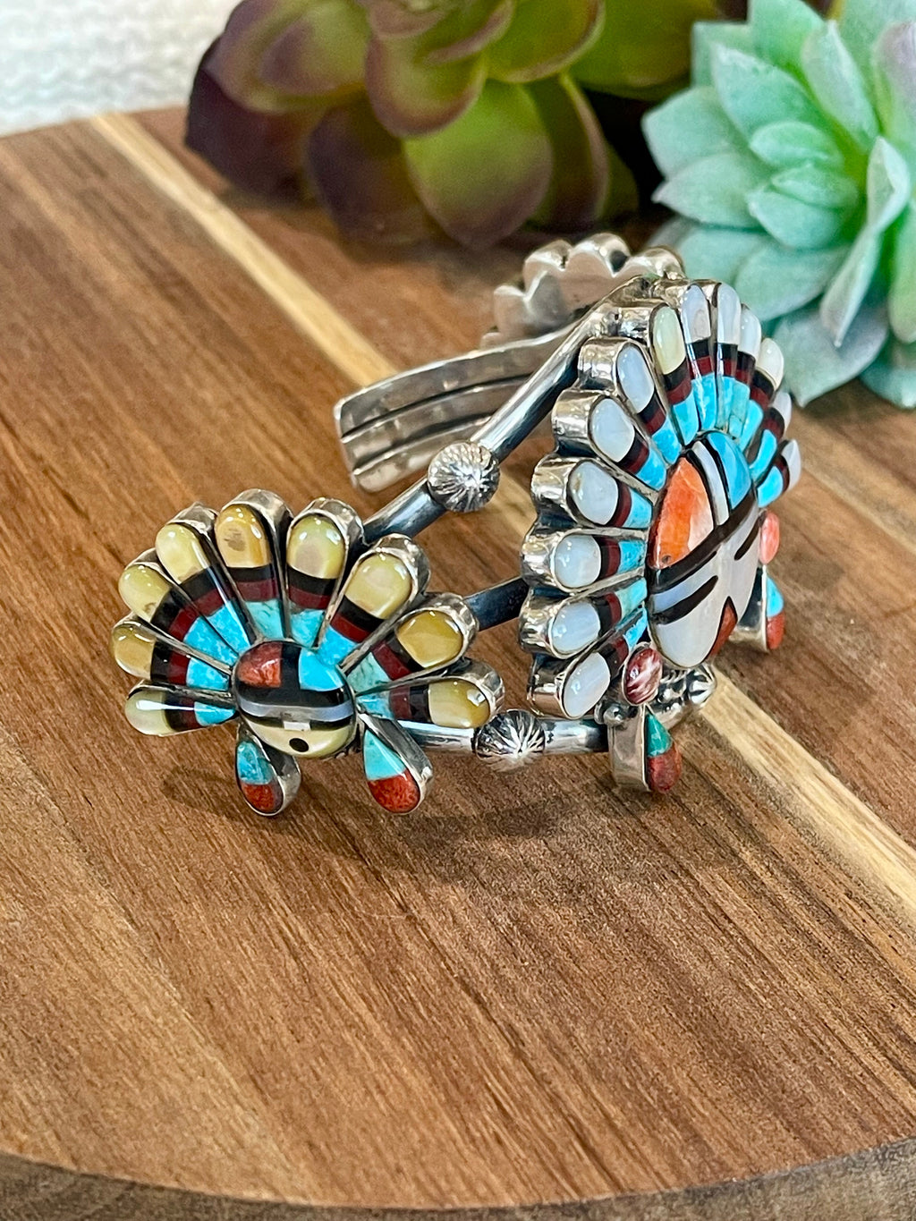 Handmade Sterling Silver & Multistone Sun Face Adjustable  Cuff Bracelet