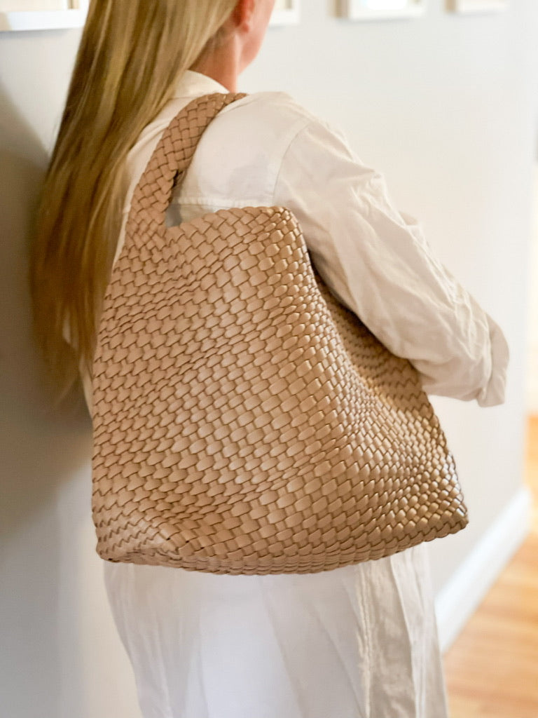 The Willow | Large Woven Vegan Leather Tote - Khaki