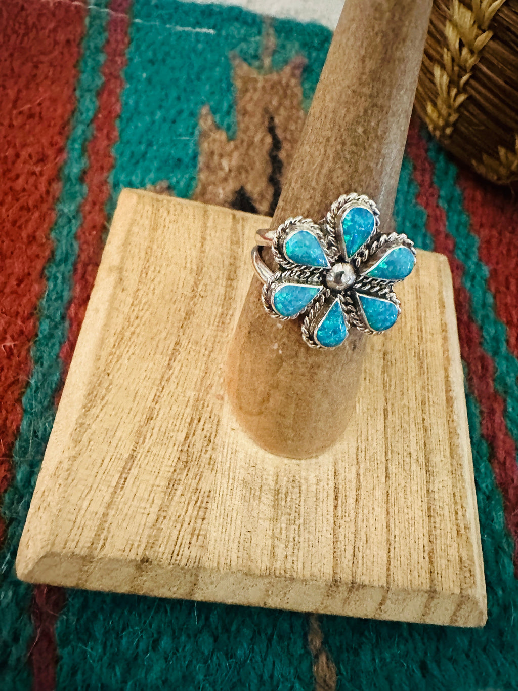 Handcrafted Sterling Silver & Blue Opal Flower Ring Size 7.5