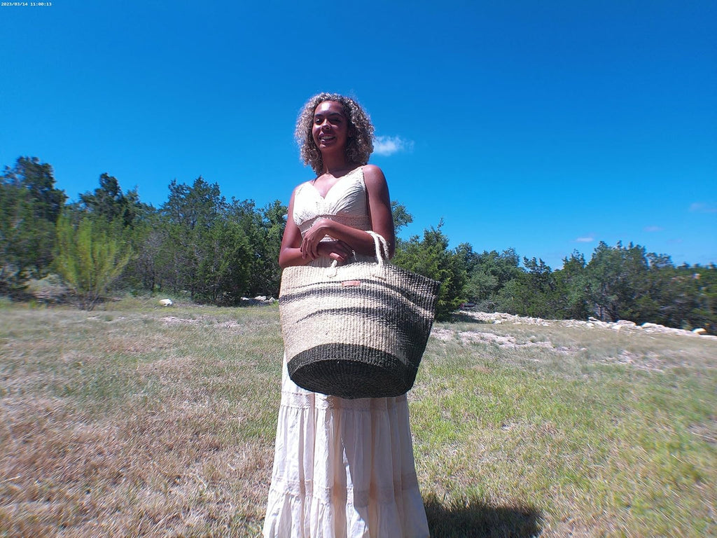 Healing Handmade Vegan Green and White Sisal Tote Basket Bag