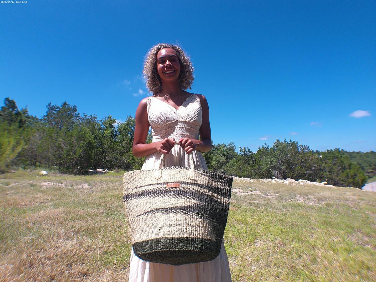 Healing Handmade Vegan Green and White Sisal Tote Basket Bag