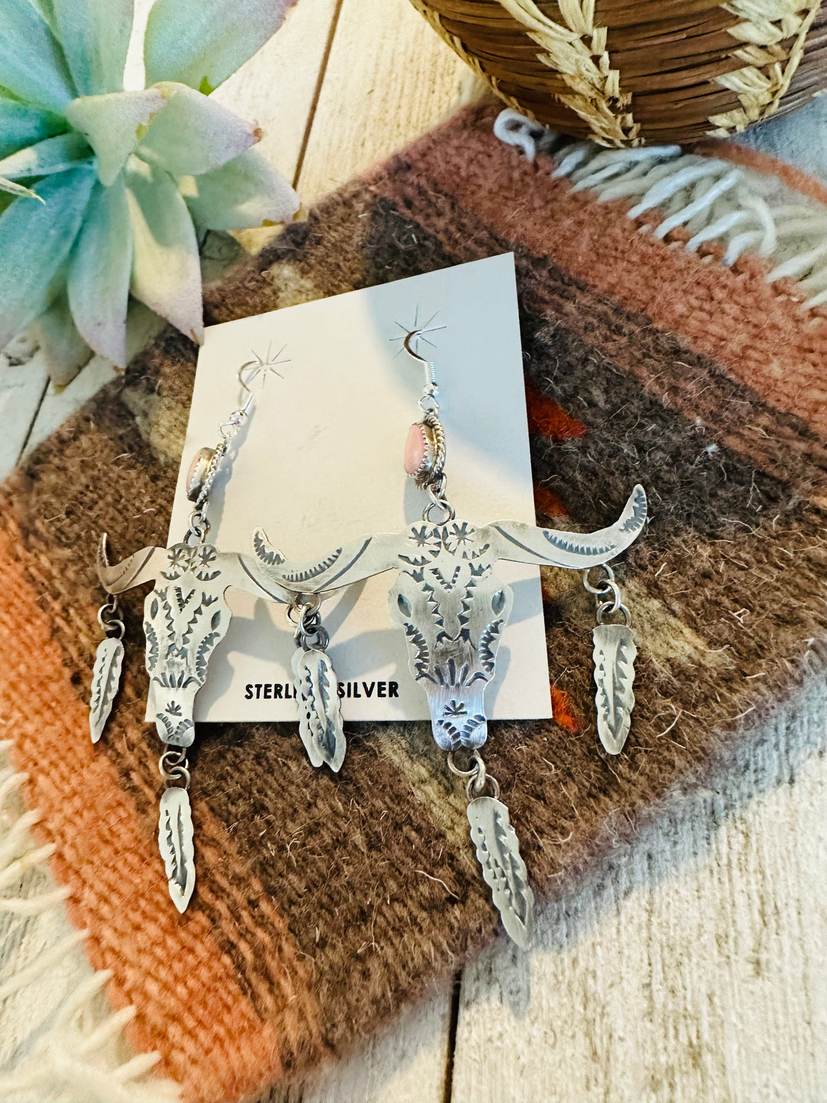Handcrafted Queen Pink Conch & Sterling Silver Bull Head Dangle Earrings