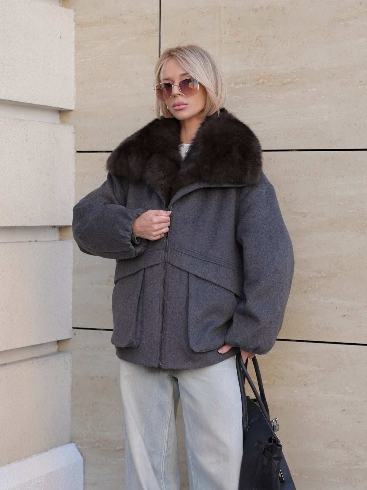 Rimini Genuine Fur Trim Wool Blend Parka in Graphite