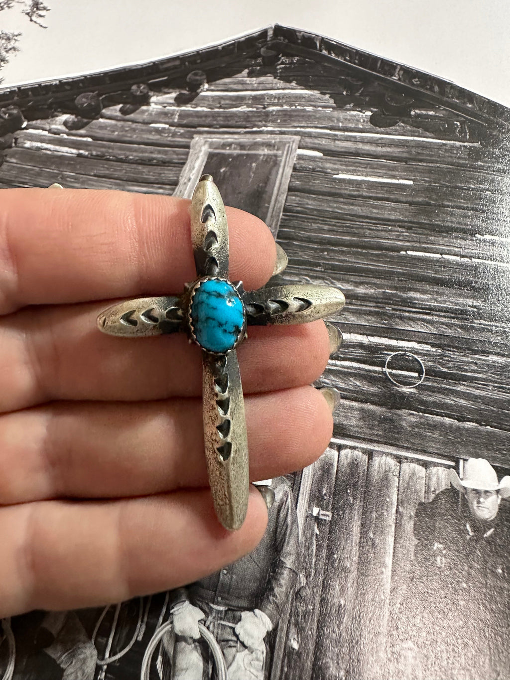 Beautiful  Handcrafted Turquoise & Sterling Silver Cross Pendant Signed