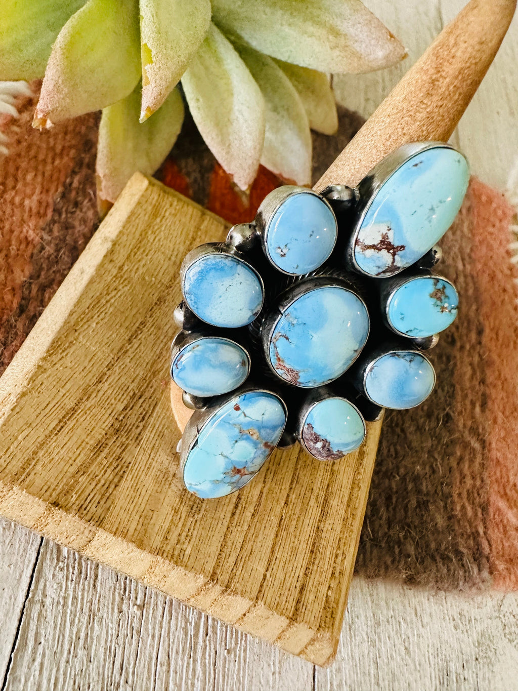 Handcrafted Golden Hills Turquoise & Sterling Silver Cluster Ring Size 7.75