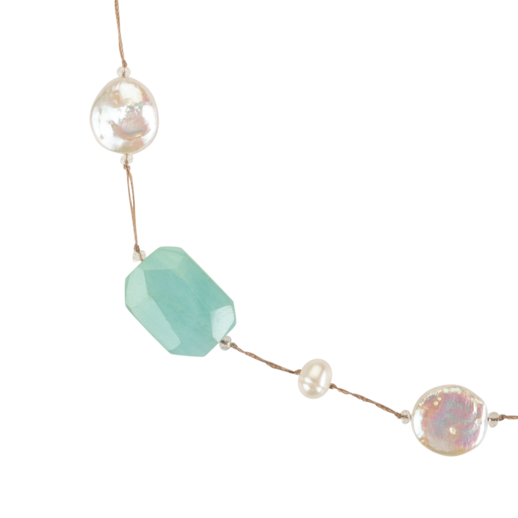 Aquamarine and coin pearl necklace on stainless